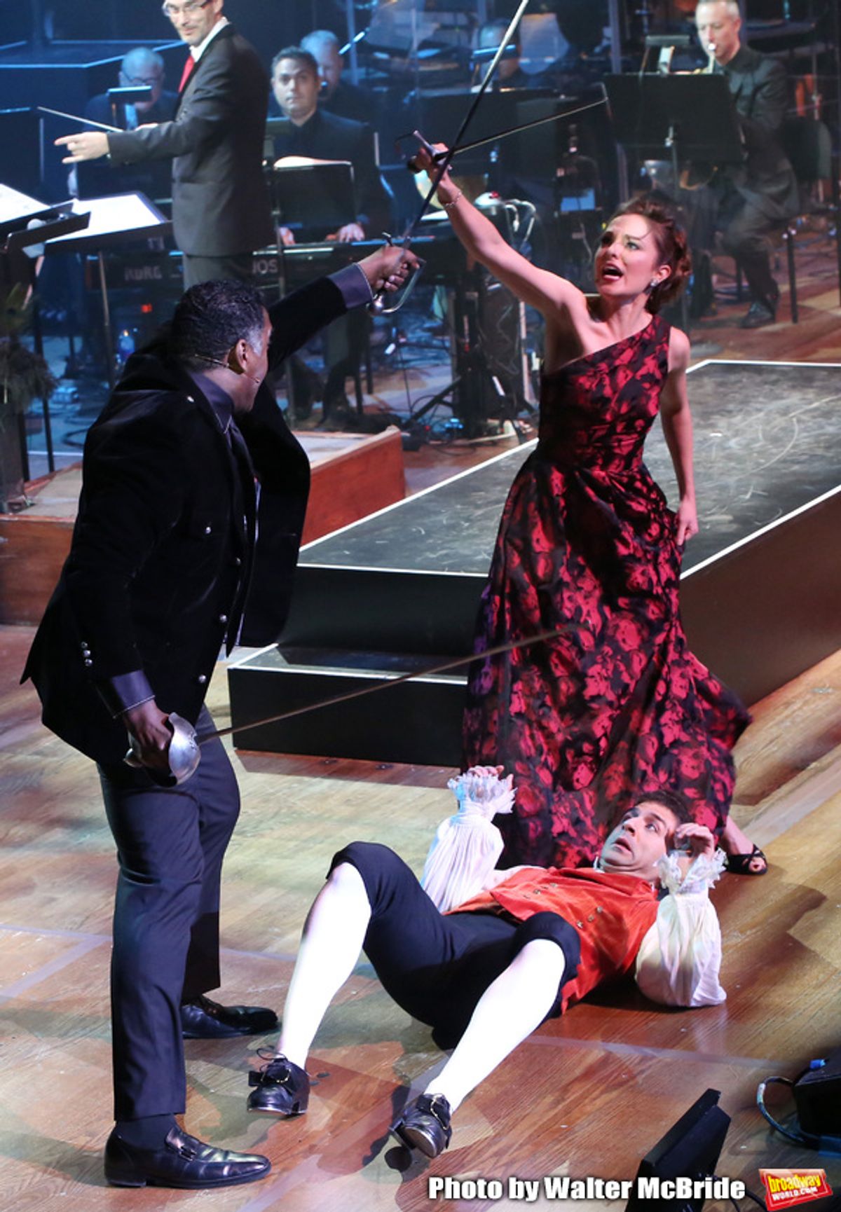Norm Lewis, Tony Yazbeck and Laura Osnes performing during the MCP Production of 'The Scarlet Pimpernel' Concert at the David Geffen Hall on February 18, 2019 in New York City. at 