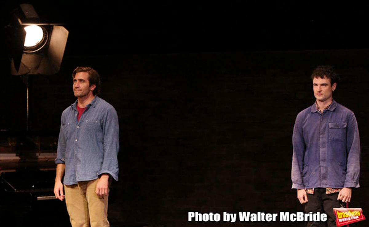 Jake Gyllenhaal and Tom Sturridge during the Broadway Opening Night performance Curtain Call of 'Sea Wall / A Life' at the Hudson Theatre on August 08, 2019 in New York City. at 