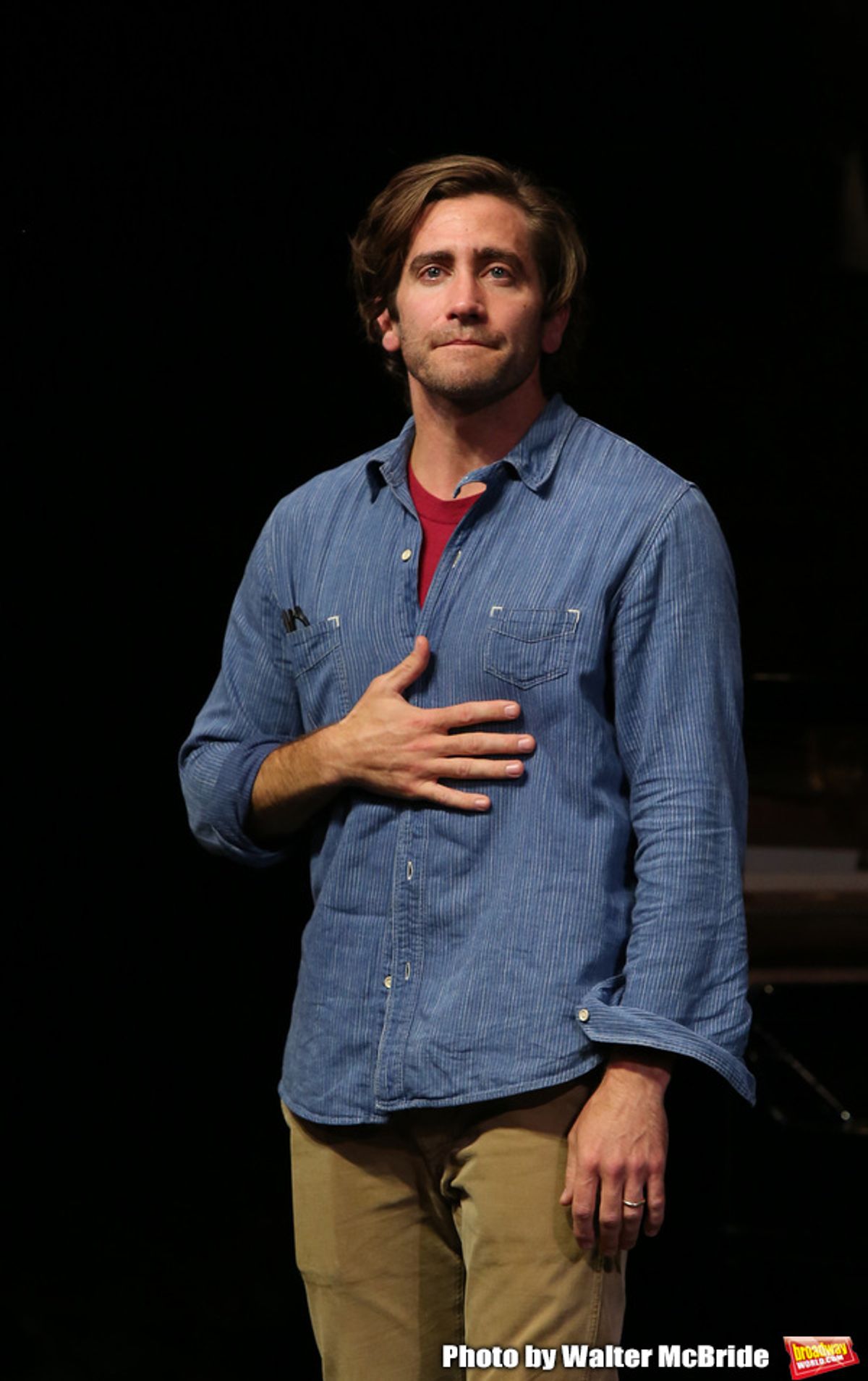 Jake Gyllenhaal and Tom Sturridge during the Broadway Opening Night performance Curtain Call of 'Sea Wall / A Life' at the Hudson Theatre on August 08, 2019 in New York City. at 