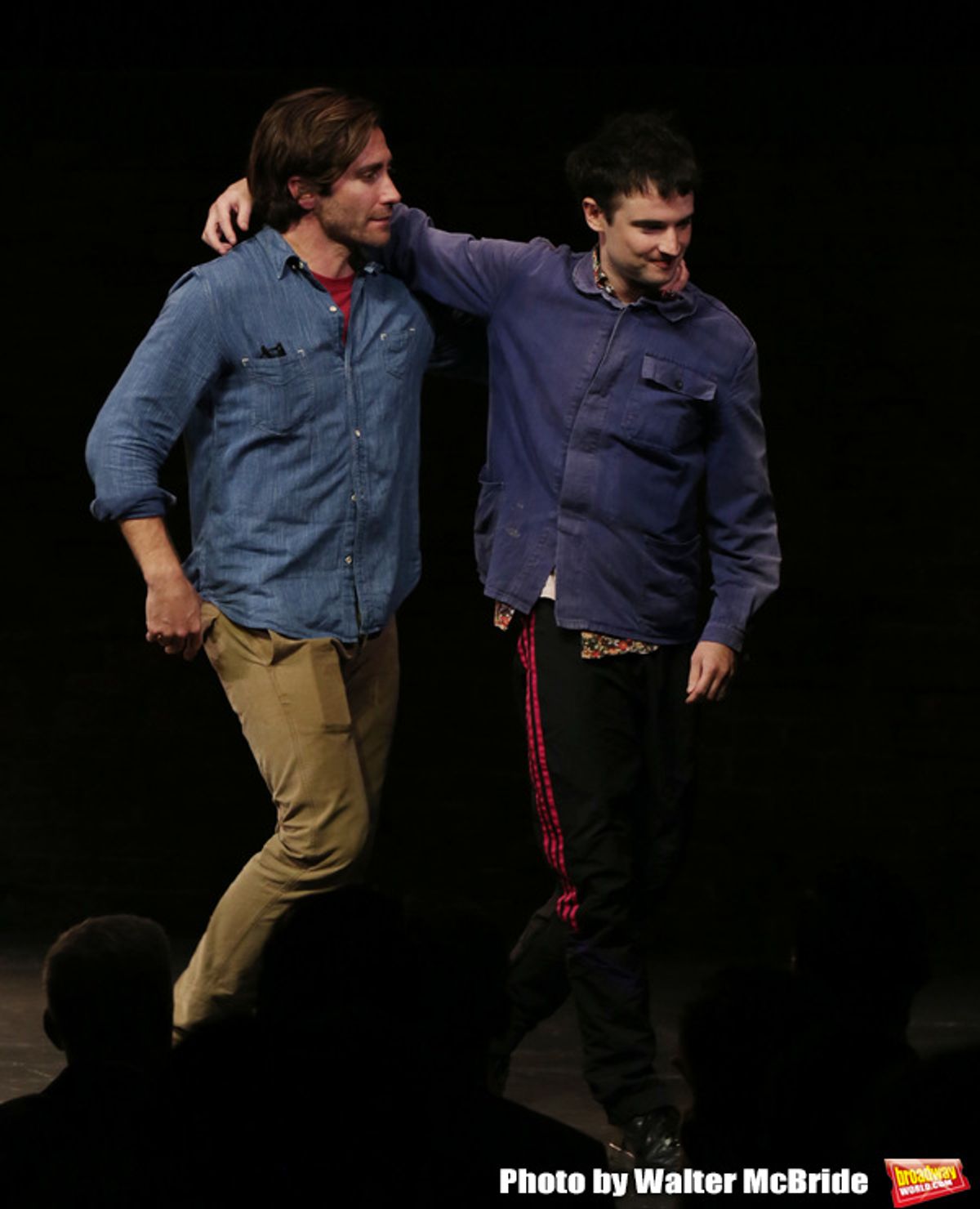 Jake Gyllenhaal and Tom Sturridge during the Broadway Opening Night performance Curtain Call of 'Sea Wall / A Life' at the Hudson Theatre on August 08, 2019 in New York City. at 
