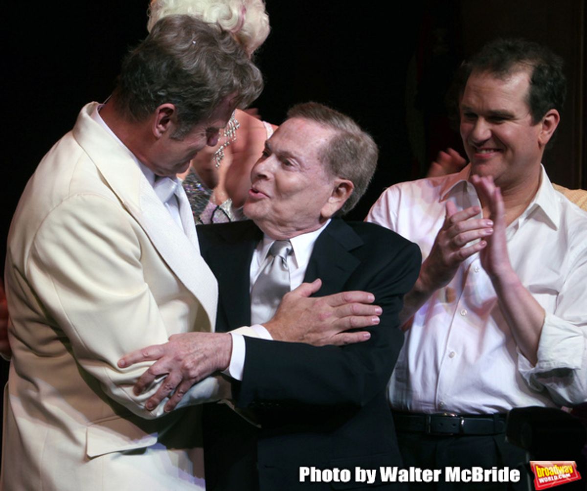 Kelsey Grammer, Jerry Herman,  Douglas Hodges
during the Broadway Opening Night Performance Curtain Call for  'La Cage Aux Folles'  at the Longacre Theatre in New York City.
April 18, 2010 at 
