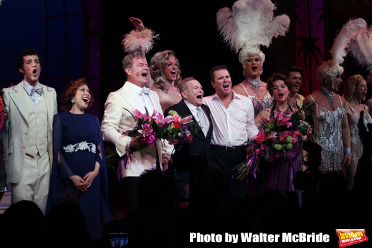 Kelsey Grammer, Jerry Herman, Douglas Hodges, Christine Andreas with ensemble cast
during the Broadway Opening Night Performance Curtain Call for  'La Cage Aux Folles'  at the Longacre Theatre in New York City.
April 18, 2010 at 