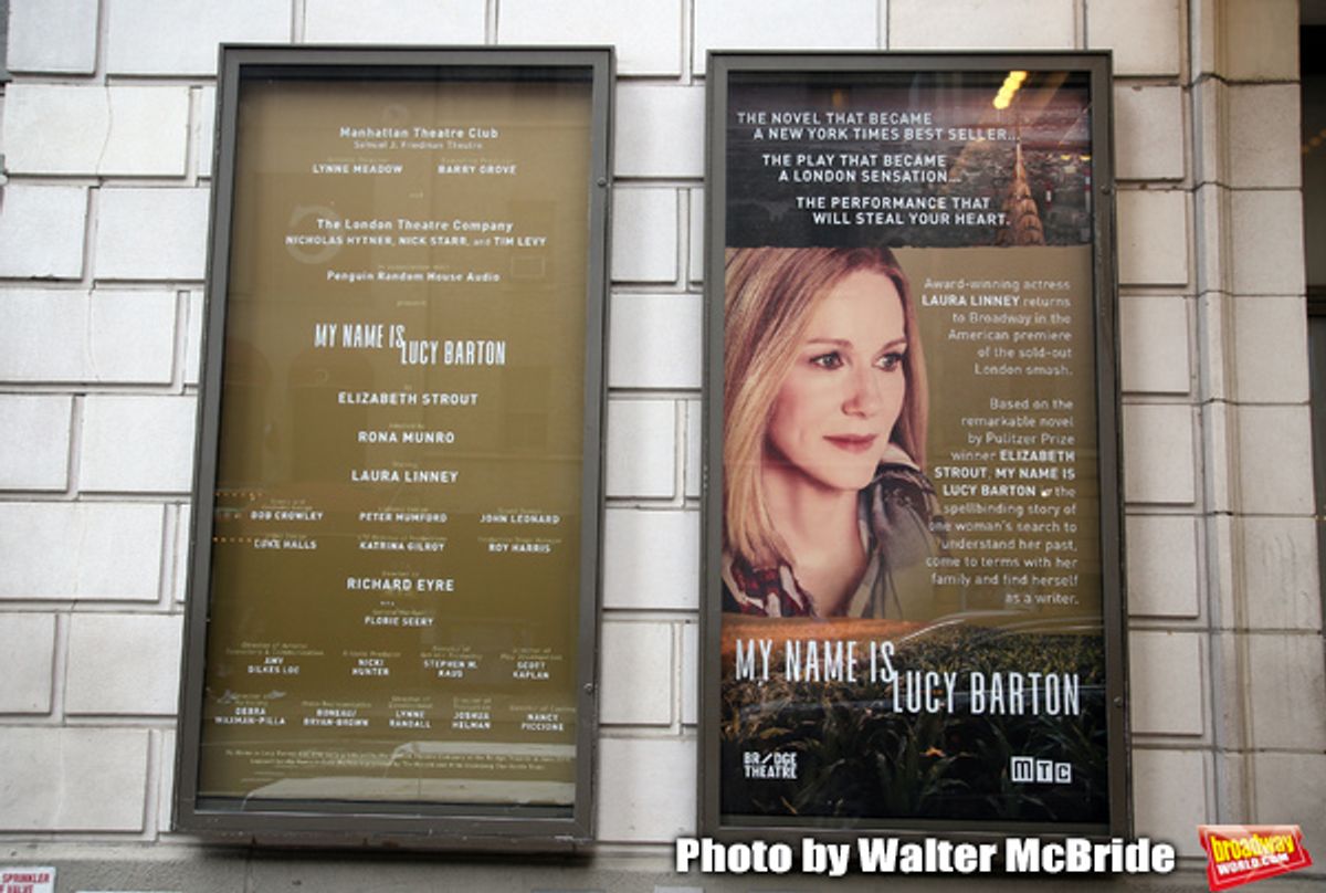 Theatre Marquee for Laura Linney returning to Broadway in a haunting new solo play, 'My Name Is Lucy Barton', adapted by Rona Munro from the bestselling novel by Pulitzer Prize winner Elizabeth Strout at the Samuel J. Friedman Theatre on January 13, 2019 in New York City.  at 
