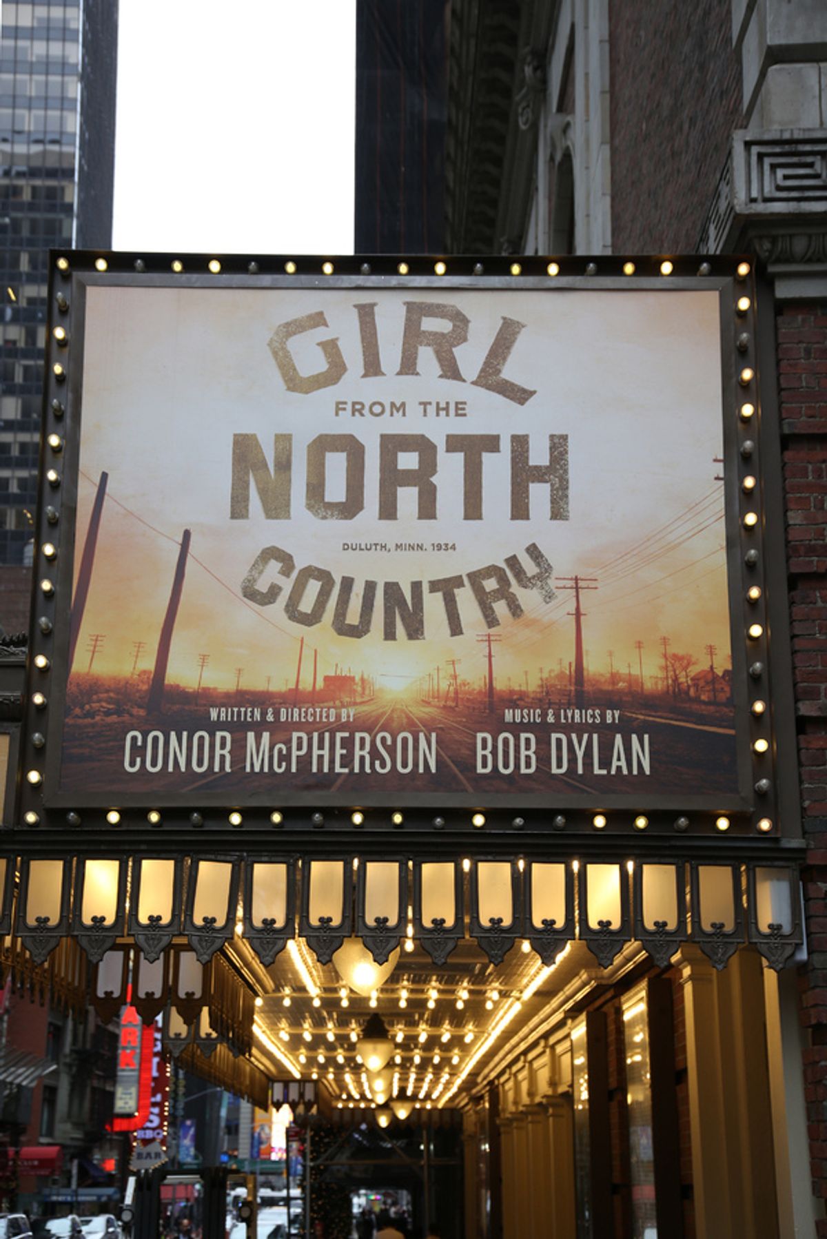 Theatre Marquee for 'Girl From The North Country', with songs by Bob Dylan, at the Belasco Theatre on January 13, 2019 in New York City.  at 