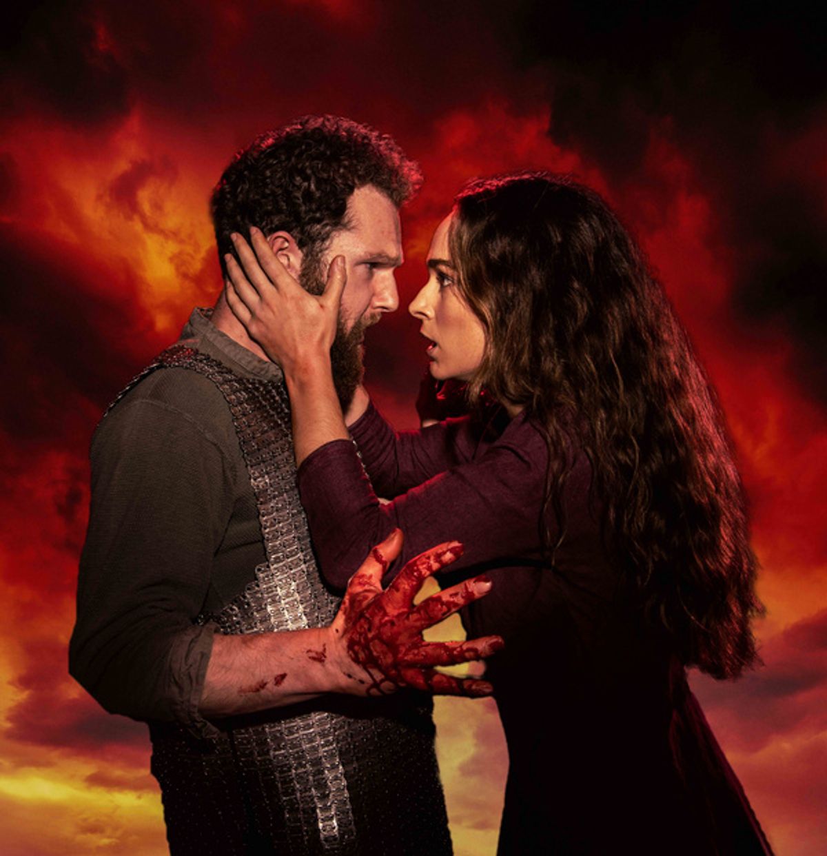 Paul Tinto as Macbeth and Phoebe Sparrow as Lady Macbeth in Queen''s Theatre Hornchurch and Derby Theatre production of Macbeth. Photo by Mark Sepple. at 