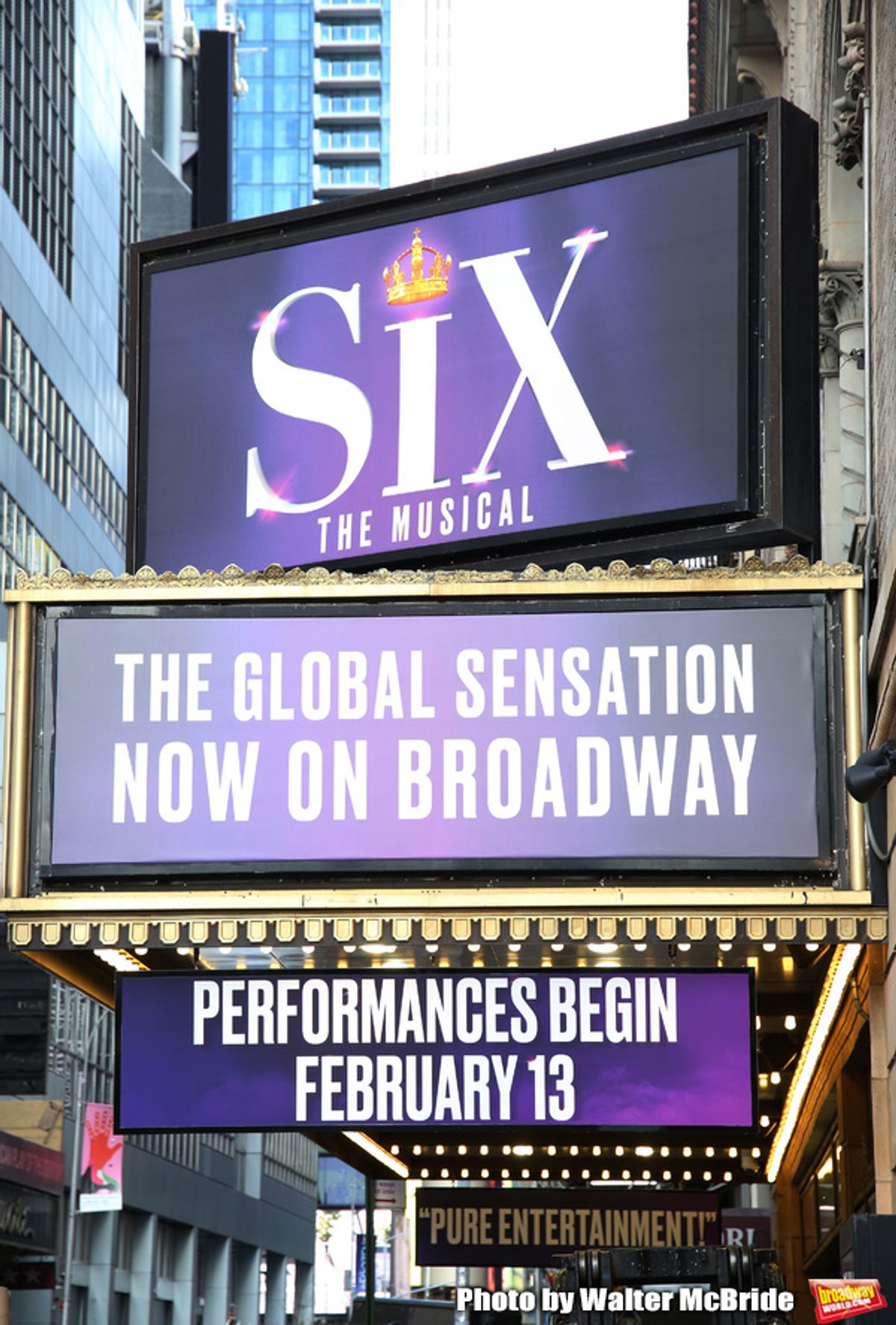 Theatre Marquee unveiling for 'Six' staged as a pop concert starring the six wives of King Henry VIII: Catherine of Aragon, Anne Boleyn, Jane Seymour, Anne of Cleves, Katherine Howard, and Catherine Parr at the Brooks Atkinson Theatre  on January 17, 2020 in New York City.  at 