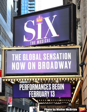 Theatre Marquee unveiling for "Six" staged as a pop concert starring the six wives of King Henry VIII: Catherine of Aragon, Anne Boleyn, Jane Seymour, Anne of Cleves, Katherine Howard, and Catherine Parr at the Brooks Atkinson Theatre on January 17, 2020 in New York City. @ BroadwayWorld Theatre Marquee unveiling for "Six" staged as a pop concert starring the six wives of Photo