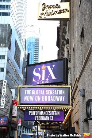 Theatre Marquee unveiling for "Six" staged as a pop concert starring the six wives of King Henry VIII: Catherine of Aragon, Anne Boleyn, Jane Seymour, Anne of Cleves, Katherine Howard, and Catherine Parr at the Brooks Atkinson Theatre on January 17, 2020 in New York City. @ BroadwayWorld Theatre Marquee unveiling for "Six" staged as a pop concert starring the six wives of Photo