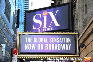 Theatre Marquee unveiling for "Six" staged as a pop concert starring the six wives of King Henry VIII: Catherine of Aragon, Anne Boleyn, Jane Seymour, Anne of Cleves, Katherine Howard, and Catherine Parr at the Brooks Atkinson Theatre on January 17, 2020 in New York City. @ BroadwayWorld Theatre Marquee unveiling for "Six" staged as a pop concert starring the six wives of Photo
