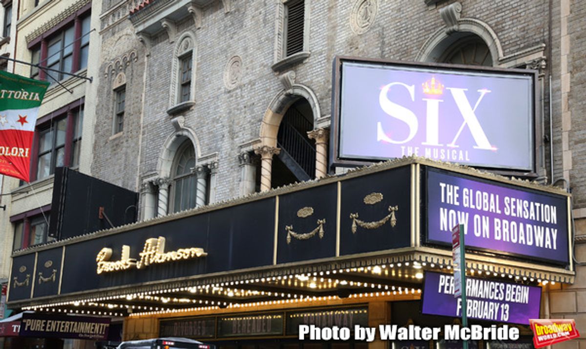 Theatre Marquee unveiling for 'Six' staged as a pop concert starring the six wives of King Henry VIII: Catherine of Aragon, Anne Boleyn, Jane Seymour, Anne of Cleves, Katherine Howard, and Catherine Parr at the Brooks Atkinson Theatre  on January 17, 2020 in New York City.  at 