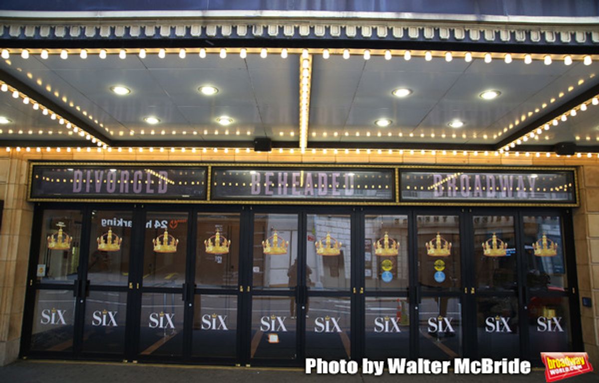 Theatre Marquee unveiling for 'Six' staged as a pop concert starring the six wives of King Henry VIII: Catherine of Aragon, Anne Boleyn, Jane Seymour, Anne of Cleves, Katherine Howard, and Catherine Parr at the Brooks Atkinson Theatre  on January 17, 2020 in New York City.  at 