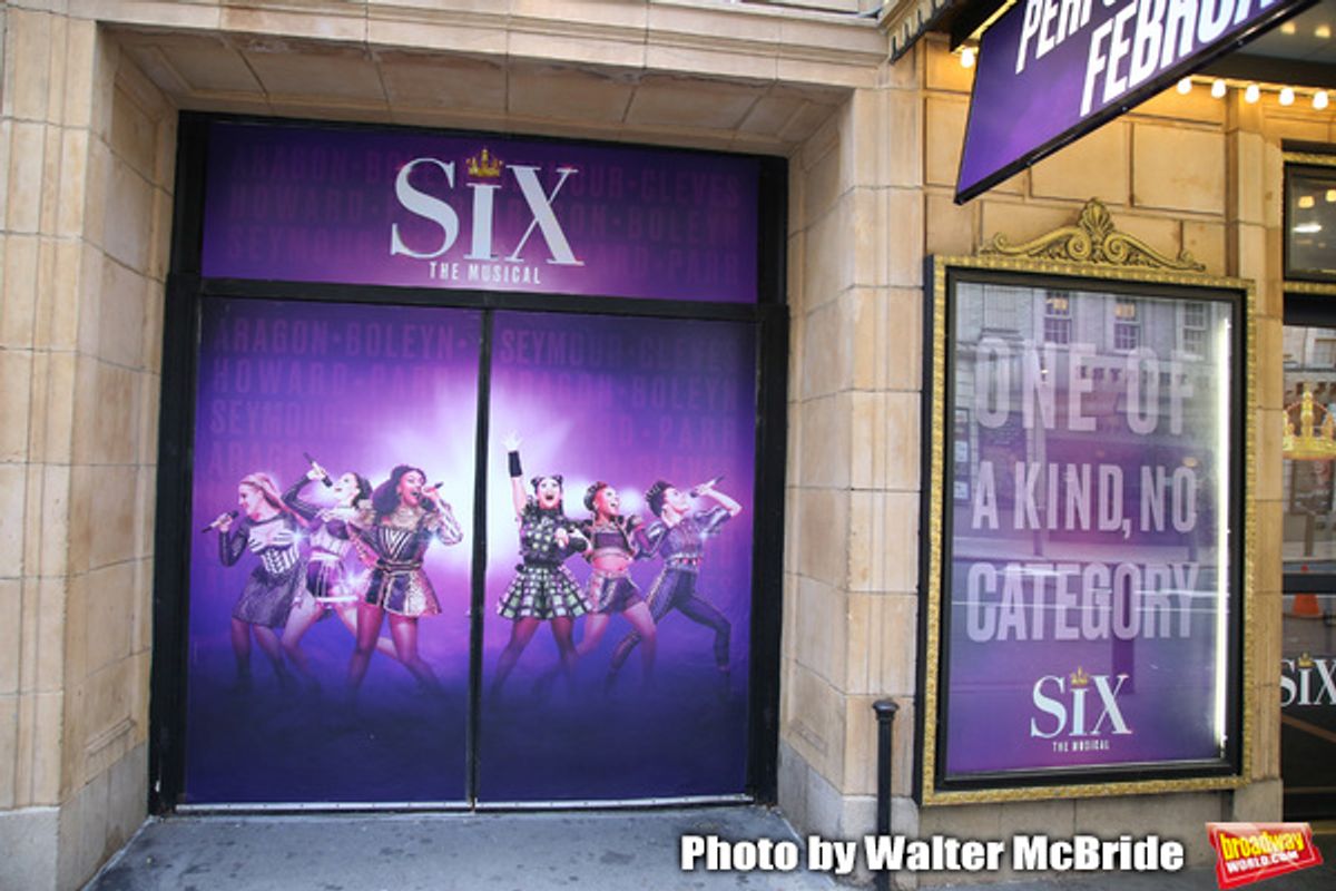 Theatre Marquee unveiling for 'Six' staged as a pop concert starring the six wives of King Henry VIII: Catherine of Aragon, Anne Boleyn, Jane Seymour, Anne of Cleves, Katherine Howard, and Catherine Parr at the Brooks Atkinson Theatre  on January 17, 2020 in New York City.  at 