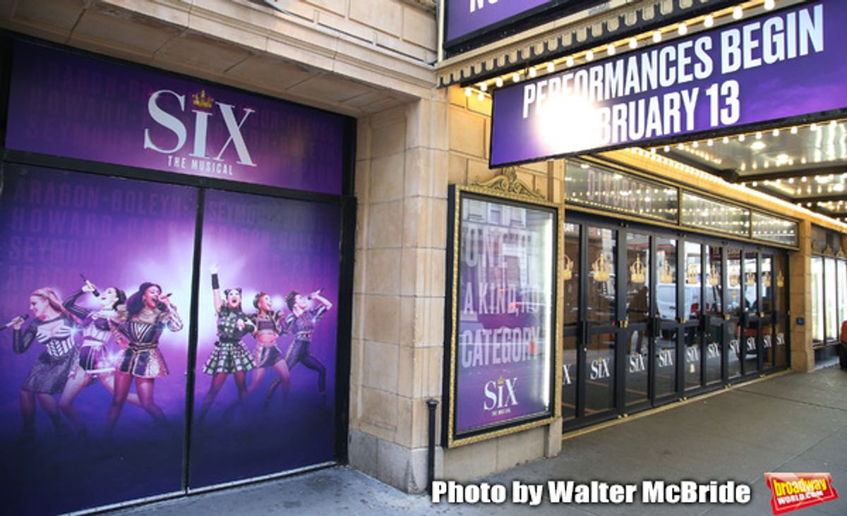 Theatre Marquee unveiling for 'Six' staged as a pop concert starring the six wives of King Henry VIII: Catherine of Aragon, Anne Boleyn, Jane Seymour, Anne of Cleves, Katherine Howard, and Catherine Parr at the Brooks Atkinson Theatre  on January 17, 2020 in New York City.  at 