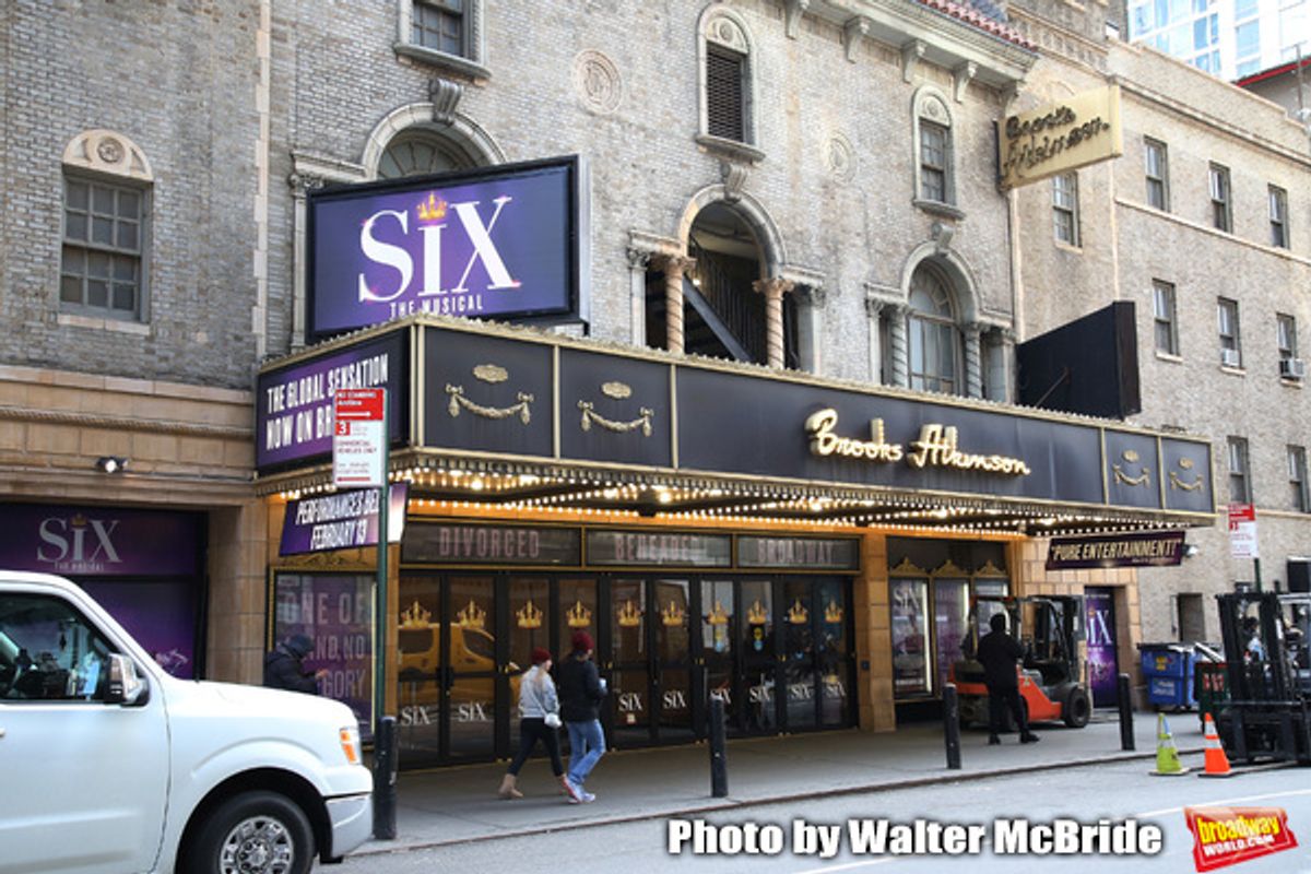 Theatre Marquee unveiling for 'Six' staged as a pop concert starring the six wives of King Henry VIII: Catherine of Aragon, Anne Boleyn, Jane Seymour, Anne of Cleves, Katherine Howard, and Catherine Parr at the Brooks Atkinson Theatre  on January 17, 2020 in New York City.  at 