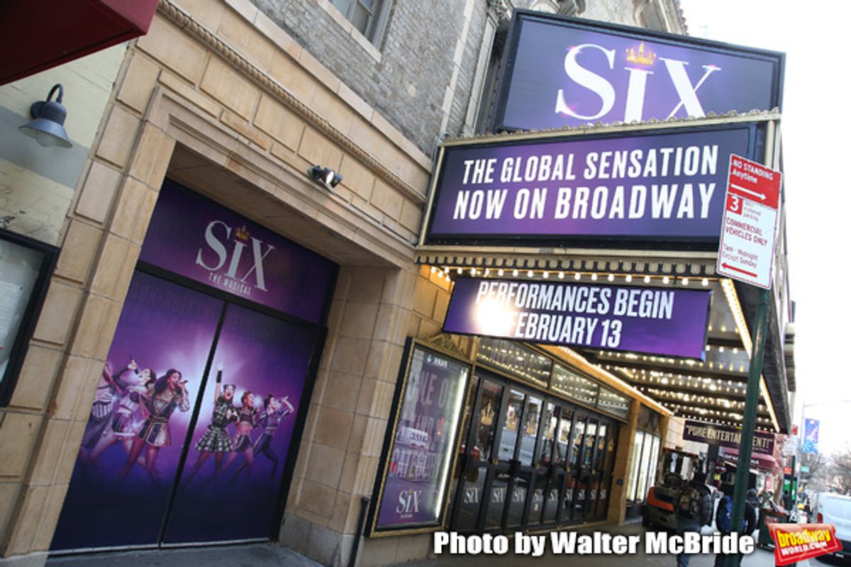 Theatre Marquee unveiling for 'Six' staged as a pop concert starring the six wives of King Henry VIII: Catherine of Aragon, Anne Boleyn, Jane Seymour, Anne of Cleves, Katherine Howard, and Catherine Parr at the Brooks Atkinson Theatre  on January 17, 2020 in New York City.  at 