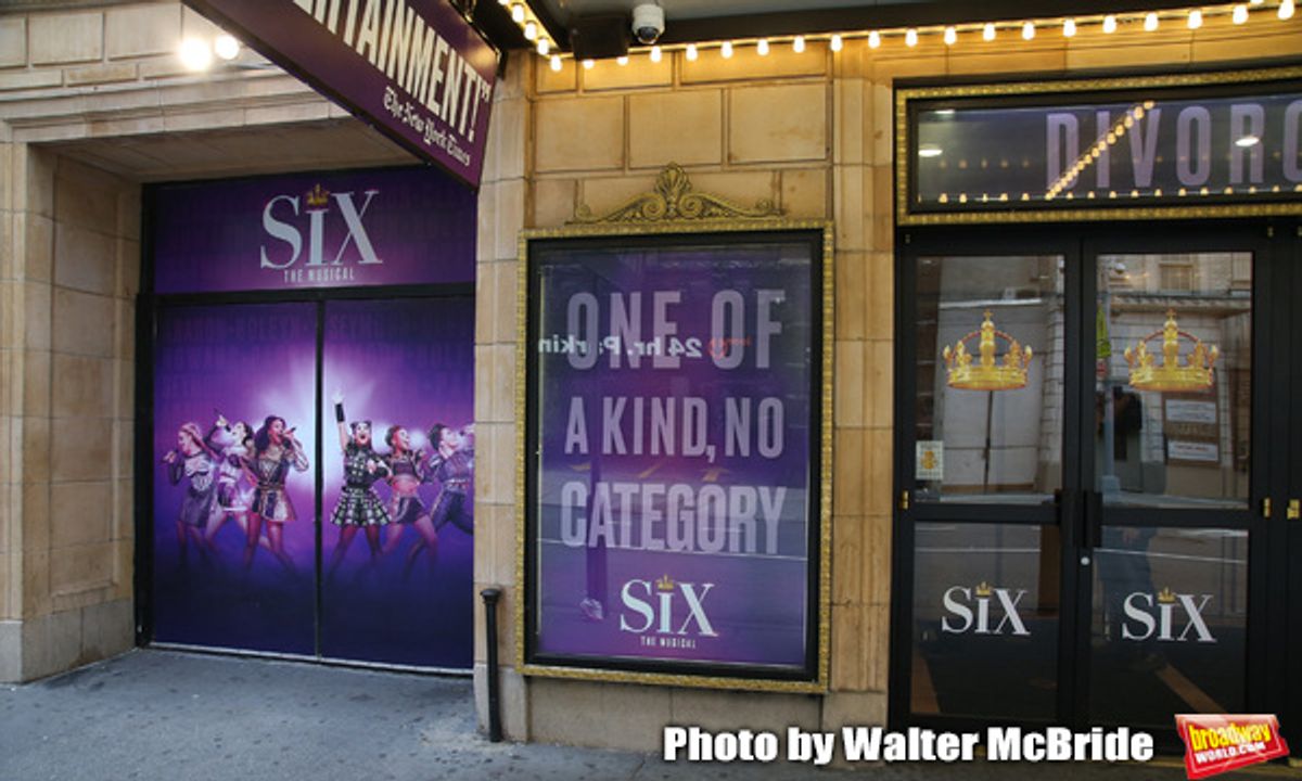 Theatre Marquee unveiling for 'Six' staged as a pop concert starring the six wives of King Henry VIII: Catherine of Aragon, Anne Boleyn, Jane Seymour, Anne of Cleves, Katherine Howard, and Catherine Parr at the Brooks Atkinson Theatre  on January 17, 2020 in New York City.  at 