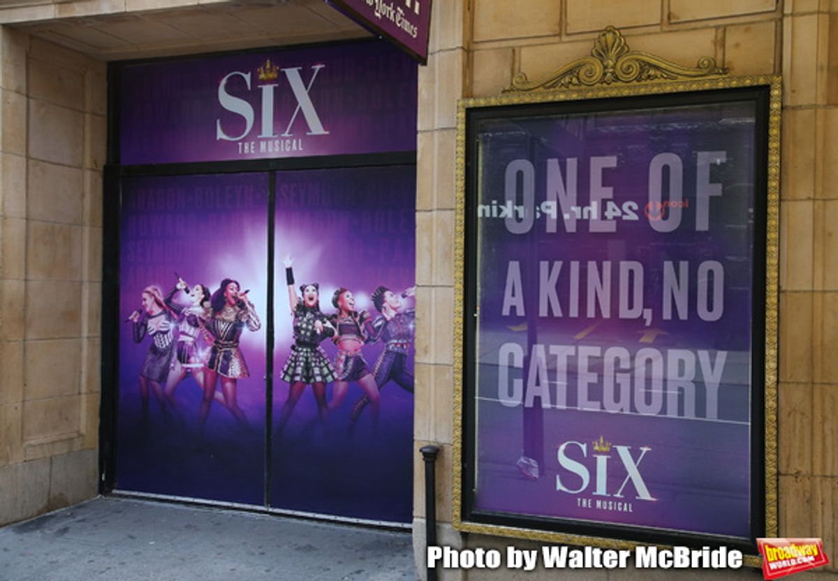 Theatre Marquee unveiling for 'Six' staged as a pop concert starring the six wives of King Henry VIII: Catherine of Aragon, Anne Boleyn, Jane Seymour, Anne of Cleves, Katherine Howard, and Catherine Parr at the Brooks Atkinson Theatre  on January 17, 2020 in New York City.  at 