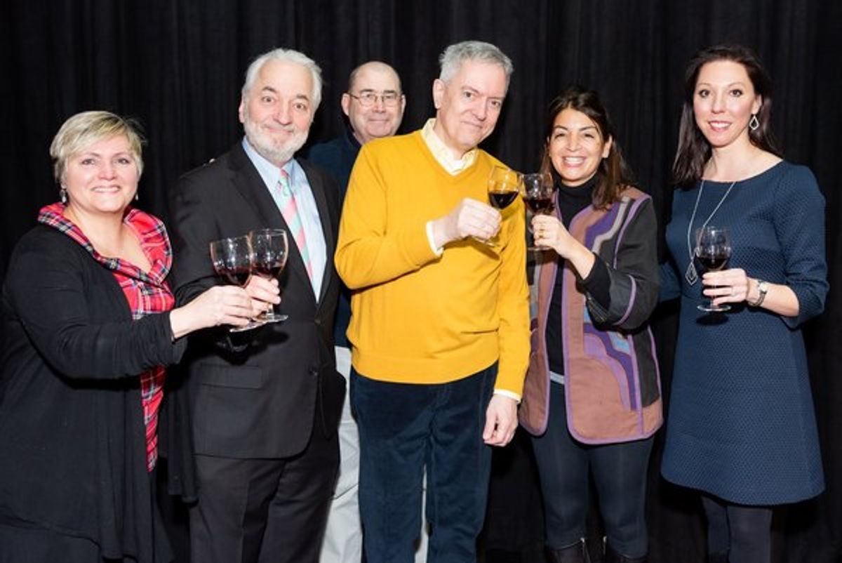 Producers Susan Palmer Marshall and Alexander 'Sandy' Marshall (Close Quarter Productions), with Kevin Kennedy and Dan Wackerman of The Peccadillo Theater Company, with celebrity caterer Mary Giuliani (of the eponymously named Mary Giuliani Catering & Events), and Vanessa Conlin, Head of Wine for Wine Access at 