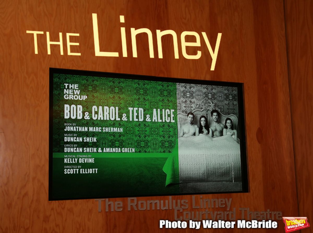 Theatre Marquee for The New Group production of 'Bob & Carol & Ted & Alice' starring Joel Perez, Jennifer Damiano, Ana Nogueira and Michael Zegen at the Linney Theatre on January 26, 2020 in New York City. at 