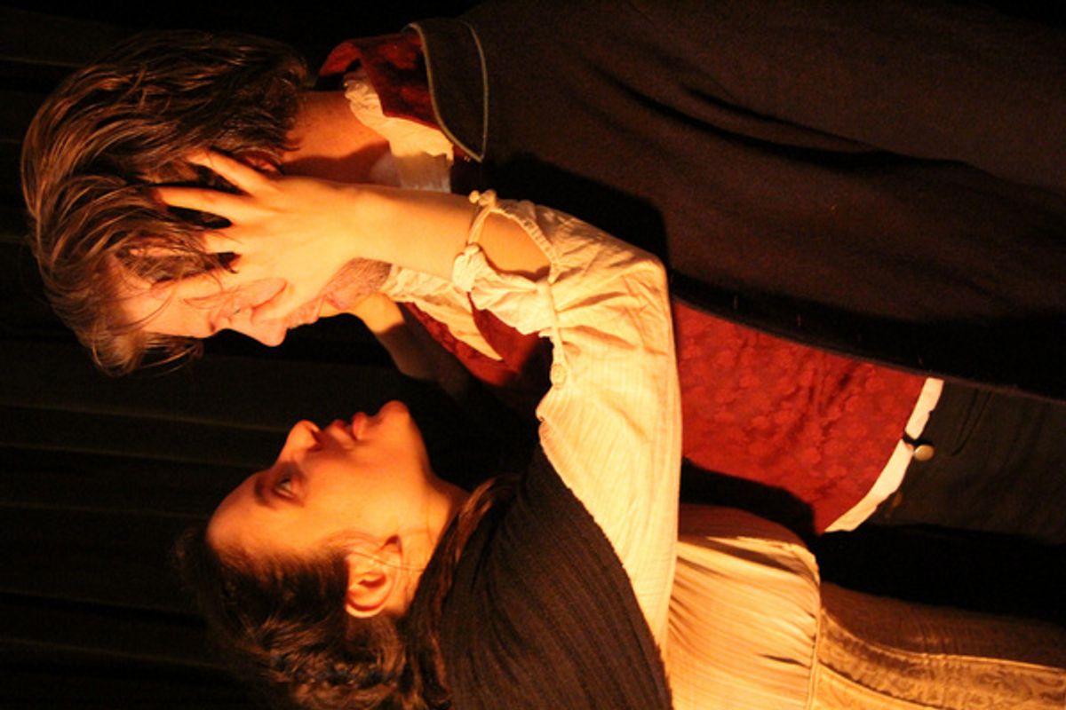 Sara Fellini as MYRA and Nicholas Thomas as TOM in The Wake of Dorcas Kelly.     Photo by Georgi Hughes. at 