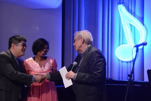 Mike Lew, Rehana Lew Mirza being presented the Kleban Prize by Richard Maltby, Jr. @ BroadwayWorld Mike Lew, Rehana Lew Mirza being presented the Kleban Prize by Richard Maltby, Jr. Photo