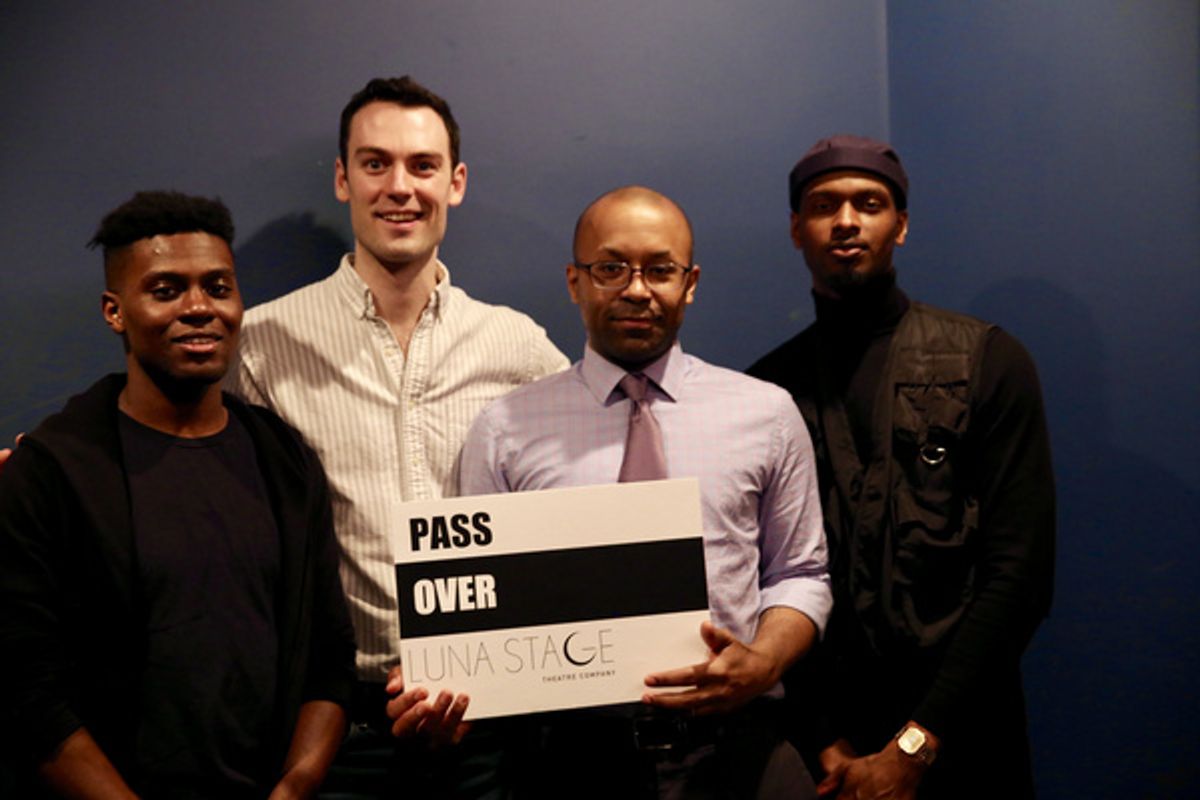 ''Pass Over'' Opening Night  Photo by Marilyn Lehren  From left to right: Robert Barnes (Kitch), Woodrow Proctor (Mister/Ossifer), Devin E. Haqq (Director), Kevis Hillocks (Moses) at 