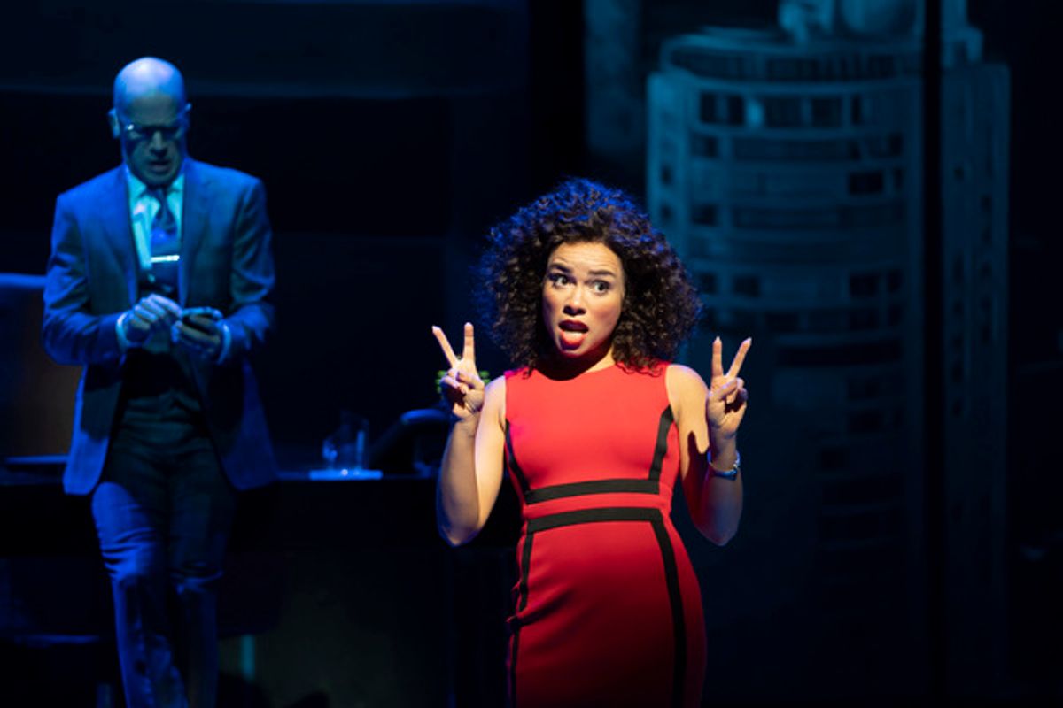 Sydney Morton plays rising corporate exec Christy Lockhart and Jeremy Peter Johnson (back) is Christy’s boss Piers Johnson in Paramount Theatre’s world premiere of The Secret of My Success, a wildly funny new musical about corporate culture, mistaken identity and making your own way in life, based on the 1987 hit film starring Michael J. Fox. Performances are February 12-March 29, 2020 at Paramount Theatre, 23 E. Galena Blvd. in Aurora. Tickets: paramountaurora.com or (630) 896-6666. Photo by Liz Lauren at 