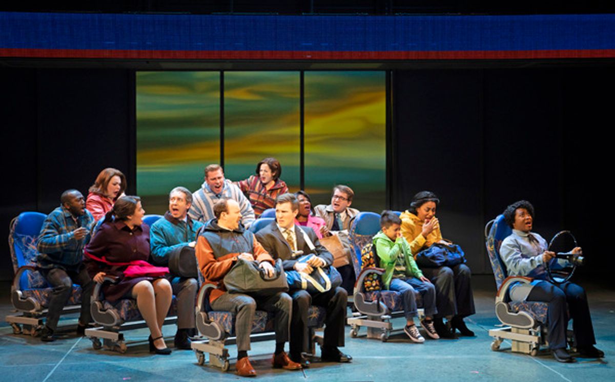 Brantley Foster (Billy Harrigan Tighe, center) begins his journey from St. Cloud to New York City with a “32 Hour Bus Ride,” the opening number in Paramount Theatre’s world premiere of The Secret of My Success. This wildly funny new musical, based on the 1987 hit film starring Michael J. Fox, is about corporate culture, mistaken identity and making your own way in life. Performances are February 12-March 29, 2020 at Paramount Theatre, 23 E. Galena Blvd. in Aurora. Tickets: paramountaurora.com or (630) 896-6666. Photo by Liz Lauren at 