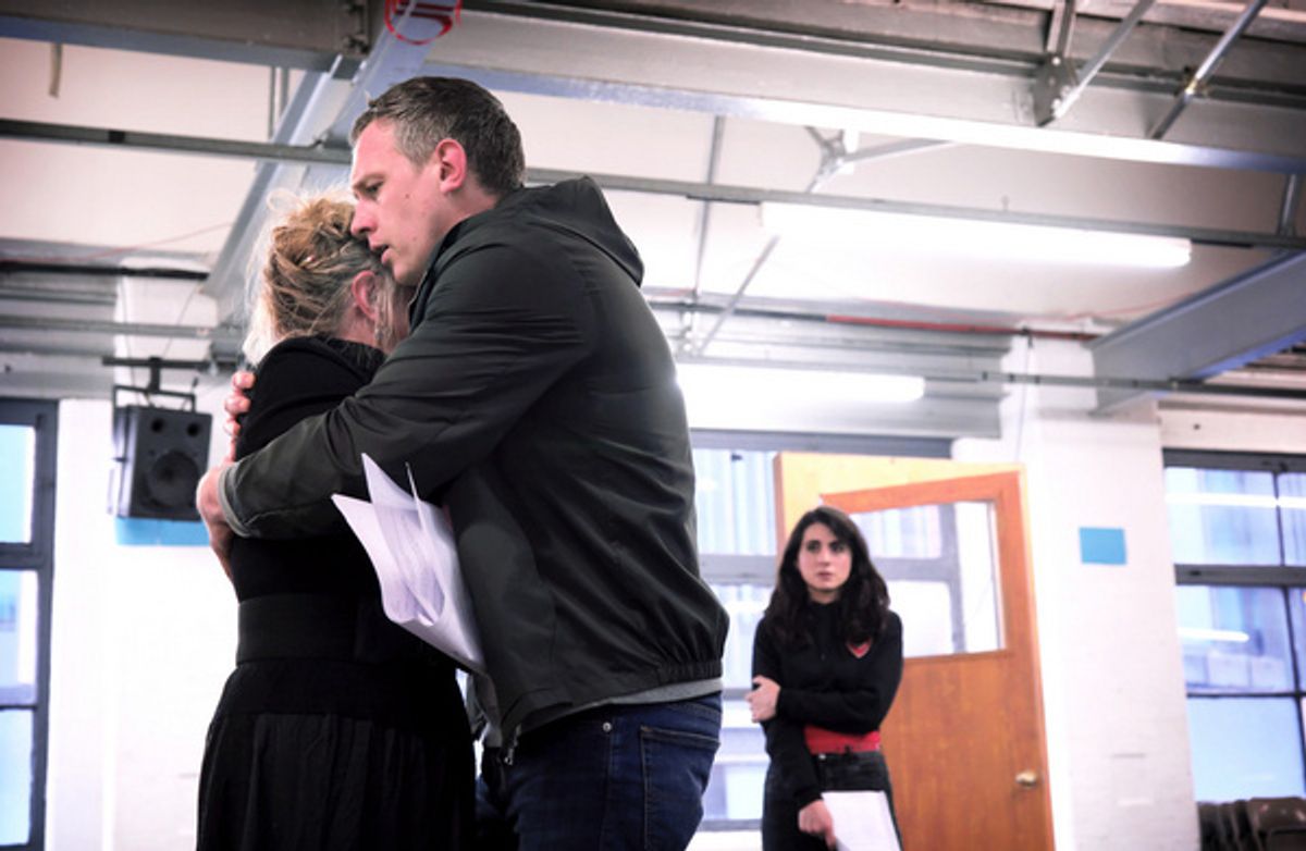 Eithne Browne, Mark Holgate and Shireen Farkhoy in rehearsals for Maggie May at 