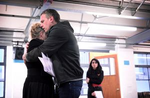 Eithne Browne, Mark Holgate and Shireen Farkhoy in rehearsals for Maggie May Photo
