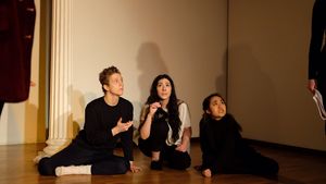 Tormented Citizens of Thebes The Chorus (Tania Kalaitzidis, Rina Maejima, Daniel Strausman) Oedipus Tyrannus at the Hellenic Cultural Center in Astoria, Queens on February 29th at 7pm @ BroadwayWorld Tormented Citizens of Thebes The Chorus (Tania Kalaitzidis, Rina Maejima, Daniel S Photo