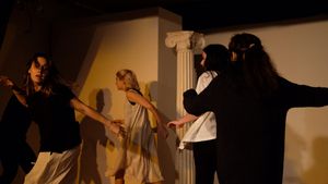 The Chorus (Bibi Couceiro, Mille Mikie Hansen, Charlotte Herzog, Tania Kalaitzidis, Manon Alice Lee, Rina Maejima, Daniel Strausman) Oedipus Tyrannus at the Hellenic Cultural Center in Astoria, Q @ BroadwayWorld The Chorus (Bibi Couceiro, Mille Mikie Hansen, Charlotte Herzog, Tania Kalaitzidis, M Photo
