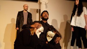 Oedipus and his Daughters DeAngelo Kearns as Oedipus Daughters: Manon Alice Lee, Rina Maejima Oedipus Tyrannus at the Hellenic Cultural Center in Astoria, Queens on February 29th at 7pm @ BroadwayWorld Oedipus and his Daughters DeAngelo Kearns as Oedipus Daughters: Manon Alice Lee, Photo