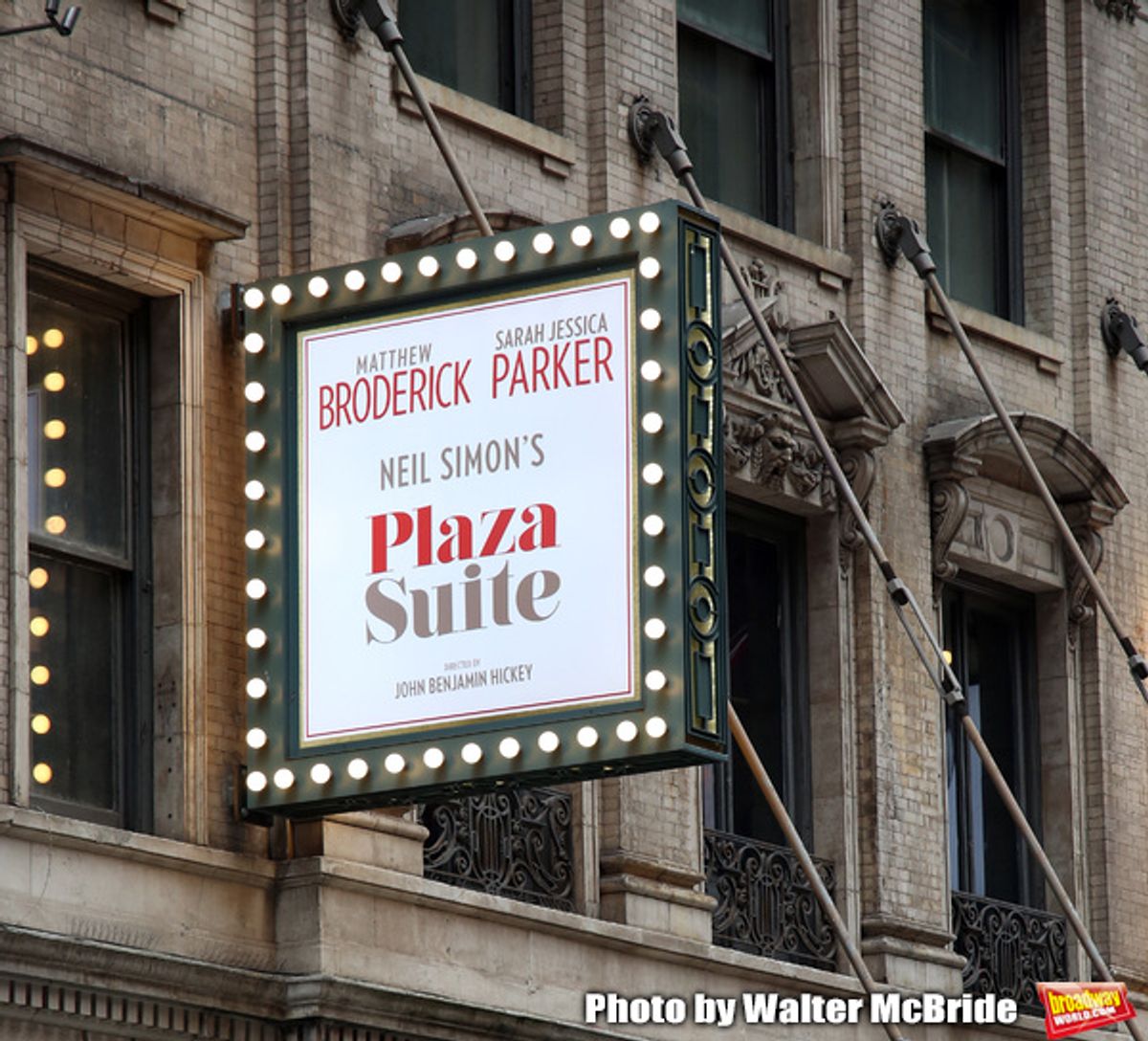 Theatre Marquee for the Neil Simon Play “Plaza Suite” starring Matthew Broderick and Sarah Jessica Parker on March 4, 2020 at the Hudson Theatre in New York City. at 