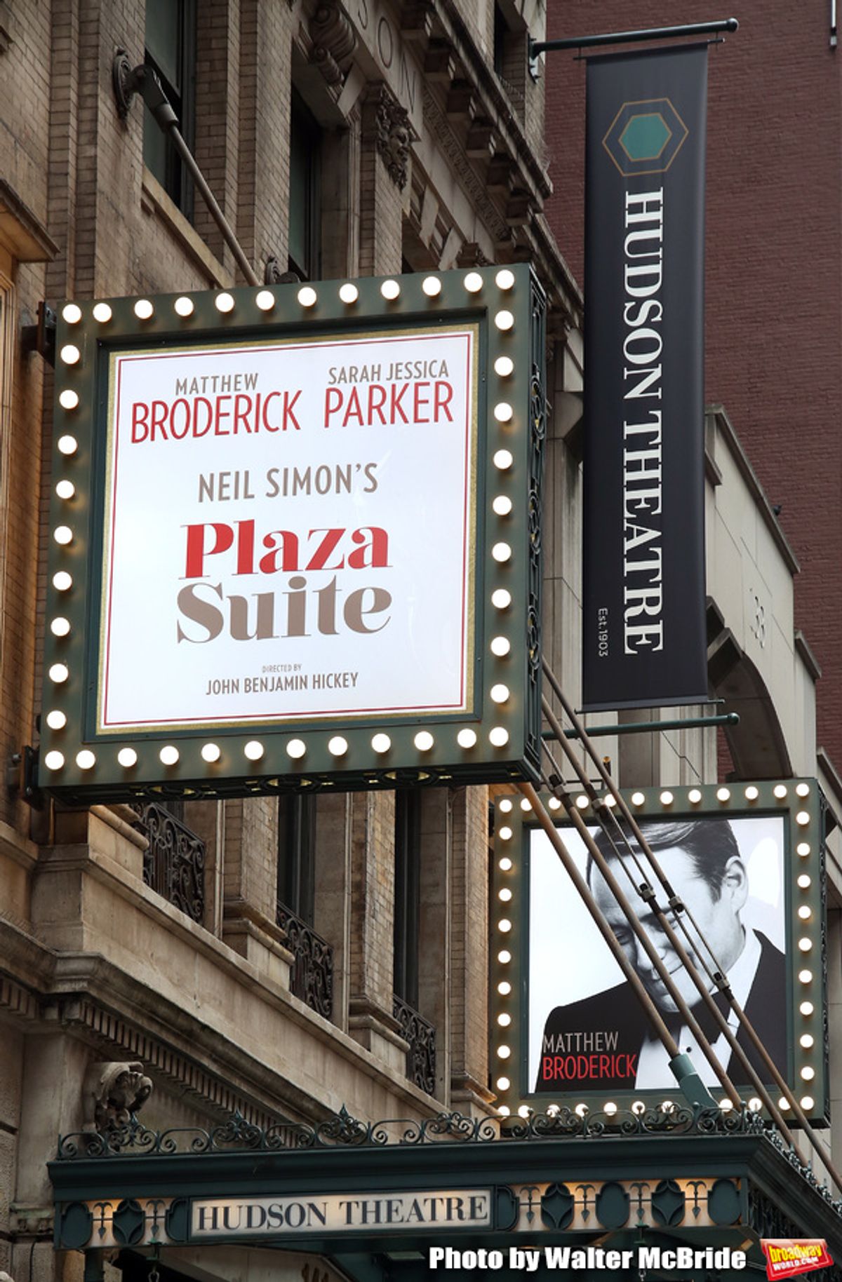Theatre Marquee for the Neil Simon Play “Plaza Suite” starring Matthew Broderick and Sarah Jessica Parker on March 4, 2020 at the Hudson Theatre in New York City. at 