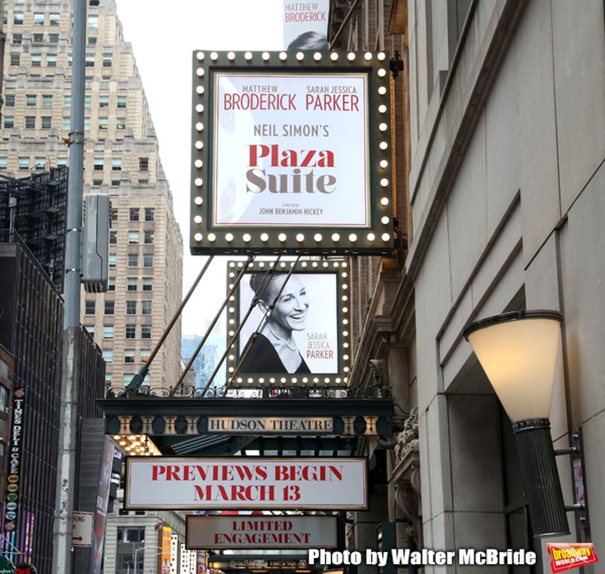 Theatre Marquee for the Neil Simon Play “Plaza Suite” starring Matthew Broderick and Sarah Jessica Parker on March 4, 2020 at the Hudson Theatre in New York City. at 