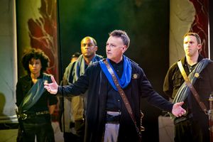 Jeffrey Blair Cornell as Brutus with conspirators AhDream Smith as Strato, Samuel Ray Gates as Casca, Dan Toot as Lucilius
@ BroadwayWorld Jeffrey Blair Cornell as Brutus with conspirators AhDream Smith as Strato, Samuel Ray Photo