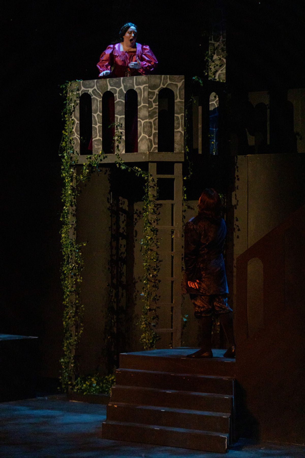 The young lovers (Michael Vavases and Rachel Eve Holmes) during the famous balcony scene.  at 