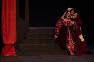 Gertrude (Laurie Tossing) comforting Juliette (Rachel Eve Holmes). Photo