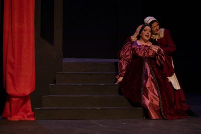 Gertrude (Laurie Tossing) comforting Juliette (Rachel Eve Holmes). Photo