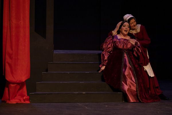 Gertrude (Laurie Tossing) comforting Juliette (Rachel Eve Holmes). Photo