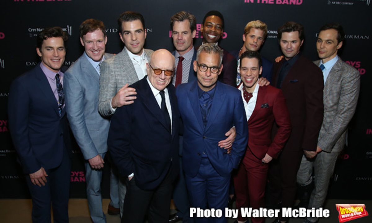 Matt Bomer, Brian Hutchison, Zachary Quinto, Mart Crowley, Joe Mantello, Tuc Watkins, Michael Benjamin Washington, Charlie Carver, Robin de Jesus, Andrew Rannells and Jim Parsons attends the 'The Boys In The Band' 50th Anniversary Celebration at The Second Floor NYC on May 30, 2018 in New York City. at 