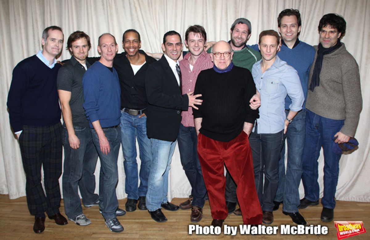 Jack Cummings III (Director), Aaron Sharff as Cowboy, John Wellmann as Emory, Kevyn Morrow as Bernard, Jonathan Hammond as Michael, Nick Westrate as Donald, Mart Crowley (Playwright), Jon Levenson as Harold, Kevin Isola as Alan, Graham Rowat as Hank & Christopher Innvar as Larry.attending the Meet & Greet for Transport Group's THE BOYS IN THE BAND at the Chelsea Studios in New York City..January 12, 2009.© Walter McBride / at 