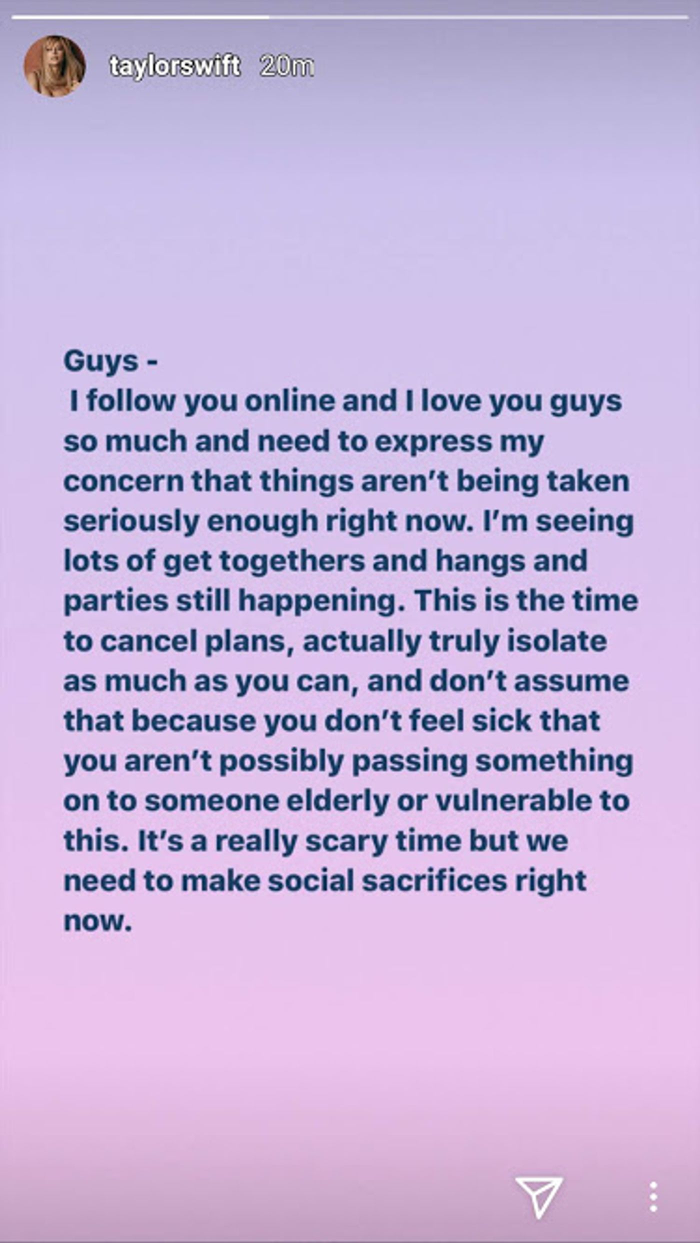 Taylor Swift Encourages Fans to Stay Home Amid Covid-19 Outbreak  Image