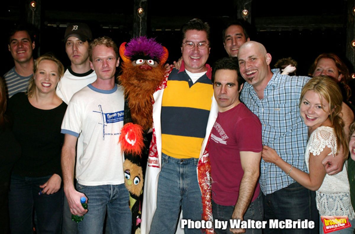 Merwin Foard ( winner from the ASSASSINS ) with  James Barbour,  Neil Patrick Harris, Mario Cantone, Marc Kudish, Eamon Foley and the cast
Attending the Opening Night Gypsy Robe Ceremony for ASSASSINS at Studio 54 in New York City.
April 22, 2004 at 