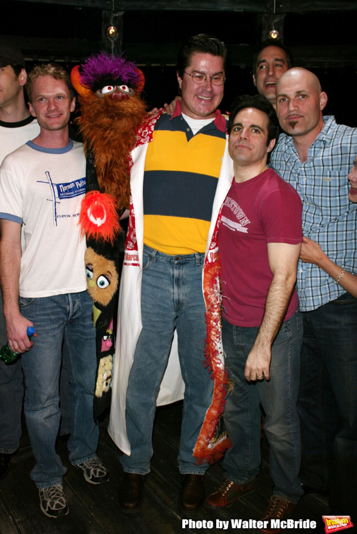 Merwin Foard ( winner from the ASSASSINS ) with  Neil Patrick Harris, Mario Cantone and  Marc Kudish
Attending the Opening Night Gypsy Robe Ceremony for ASSASSINS at Studio 54 in New York City.
April 22, 2004 at 