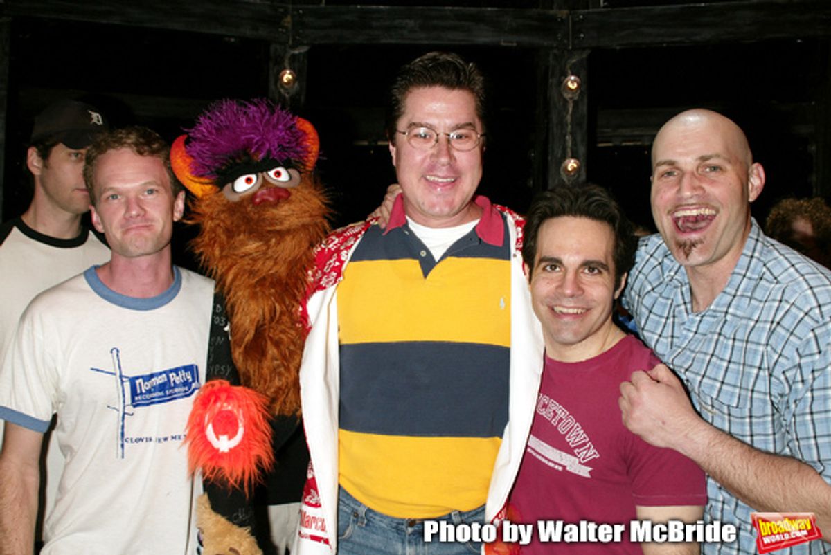 Merwin Foard ( winner from the ASSASSINS ) with  Neil Patrick Harris, Mario Cantone and  Marc Kudish
Attending the Opening Night Gypsy Robe Ceremony for ASSASSINS at Studio 54 in New York City.
April 22, 2004 at 