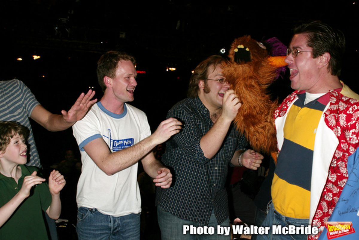 Merwin Foard ( winner from the ASSASSINS ) with
Neil Patrick Harris, Eamon Foley and the cast Attending the Opening Night Gypsy Robe Ceremony for ASSASSINS at Studio 54 in New York City.
April 22, 2004 at 