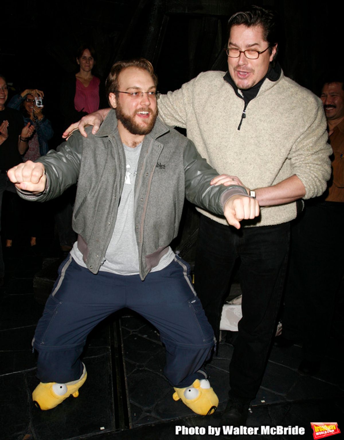 Merwin Foard (Past Gypsy Robe Winner-ASSASIANS) passing on his old LES MISERABLES Company Jacket to Alexander GEMIGNANI as an Opening Night Gift.
Attending the Opening Night Gypsy Robe Ceremony for
 LES MISERABLES (the third longest-running show in Broadway History) at the Broadhurst Theatre in New York City,
November 9, 2006 at 