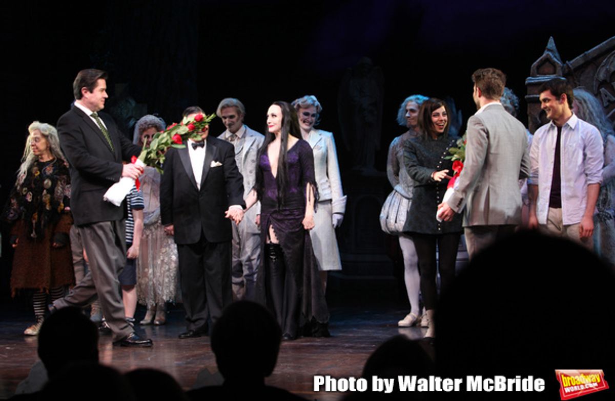 KMerwin Foard,  Jackie Hoffman, Bebe Neuwirth, Nathan Lane, Adam Riegler, Krysta Rodriguez, Wesley Taylor
taking bows during the Broadway Opening Night Curtain Call for 'The Addams Family' at the Lunt-Fontanne Theatre in New York City.
April 8, 2010 at 